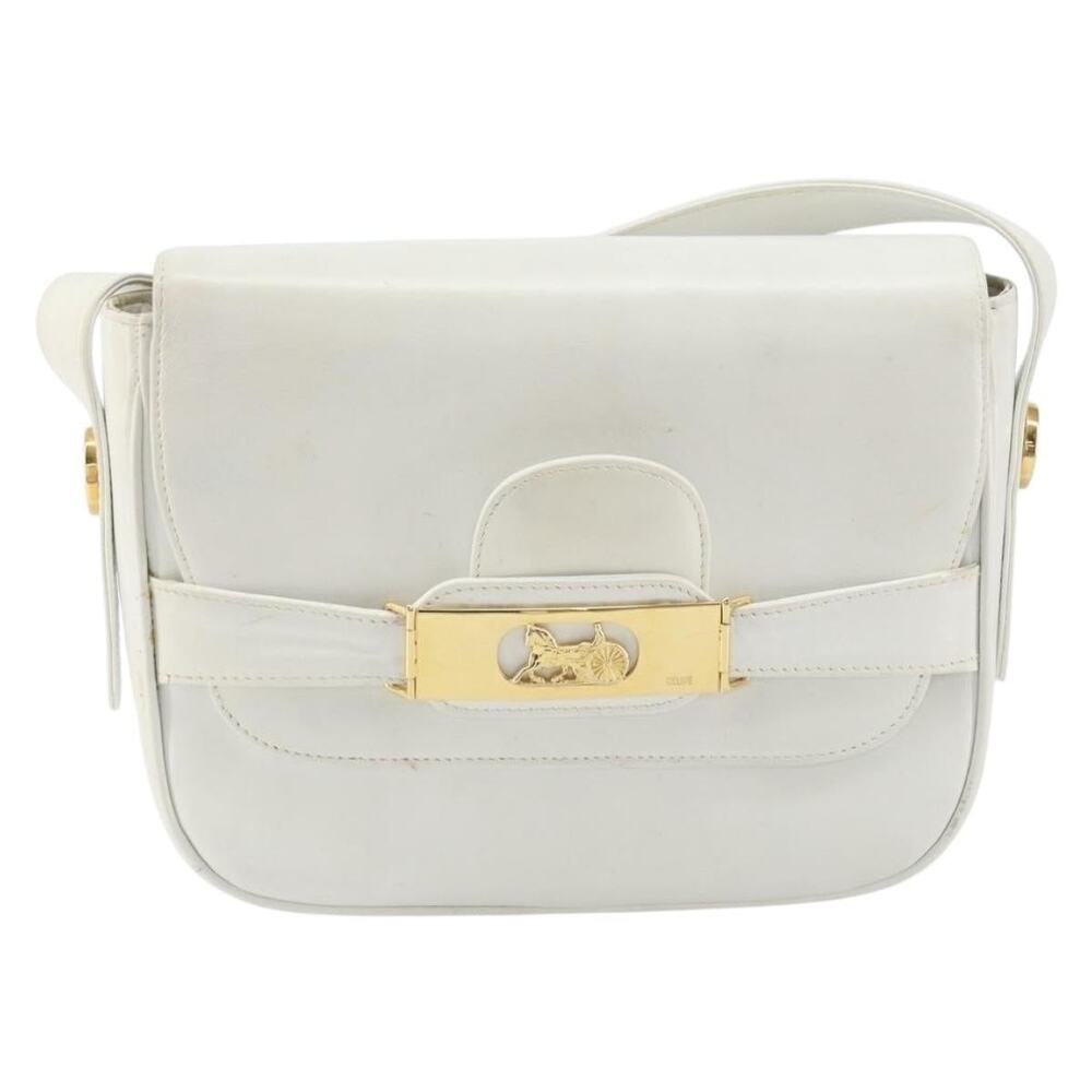 Celine Leather Horse Carriage Shoulder Bag White Gold